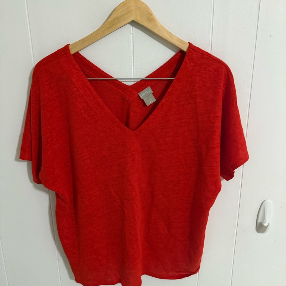 Chico's Vibrant Red V-Neck Short Sleeve 100% Linen